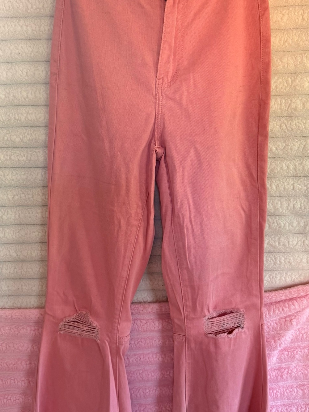 Fashion Nova Rose Pink Flare Jeans with Knee Distressing